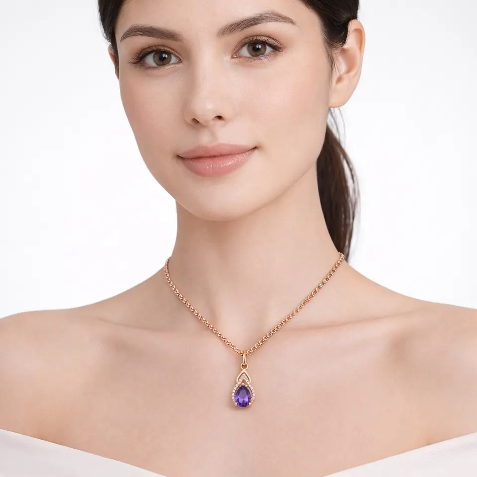 Collar Gota Cristal Morado y Circones Dorado Rosa 3