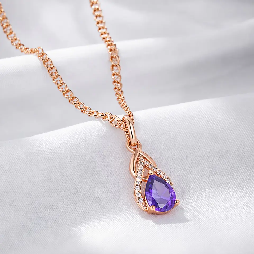 Collar Gota Cristal Morado y Circones Dorado Rosa 4
