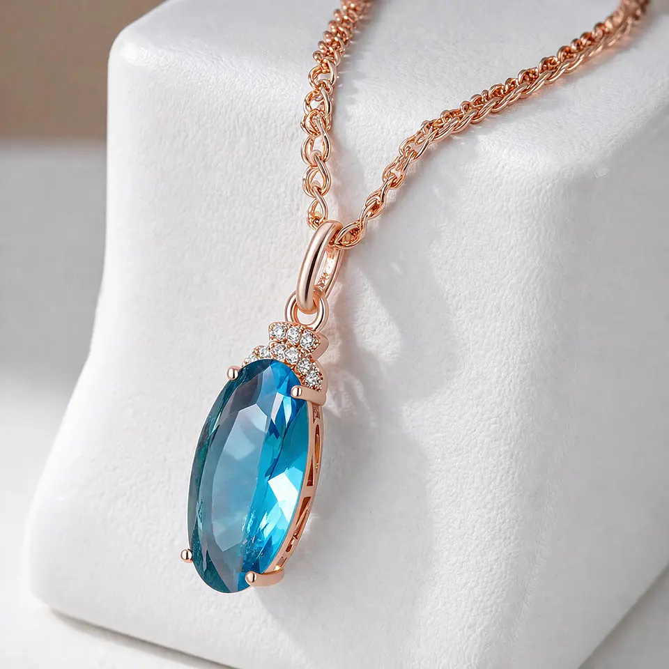 Collar Cristal Azul y Circones Dorado Rosa 7