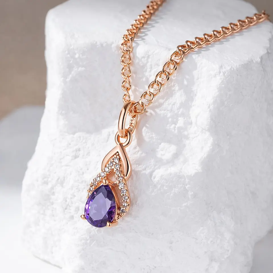Collar Gota Cristal Morado y Circones Dorado Rosa 5