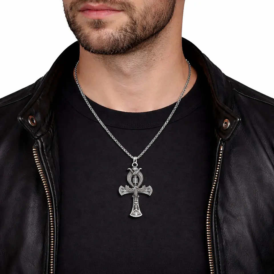 Collar Cruz Egipcia Ankh Ojo de Horus Cadena Acero 60cm 2