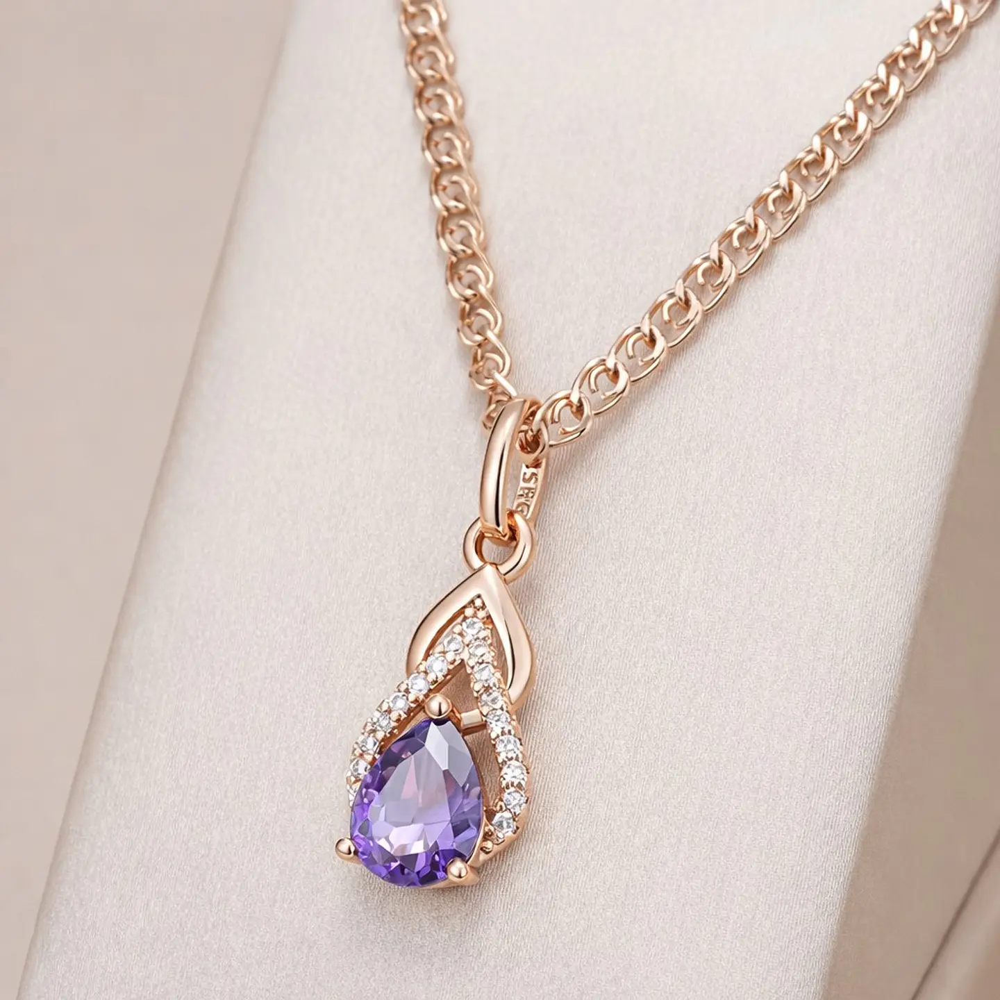 Collar Gota Cristal Morado y Circones Dorado Rosa 7