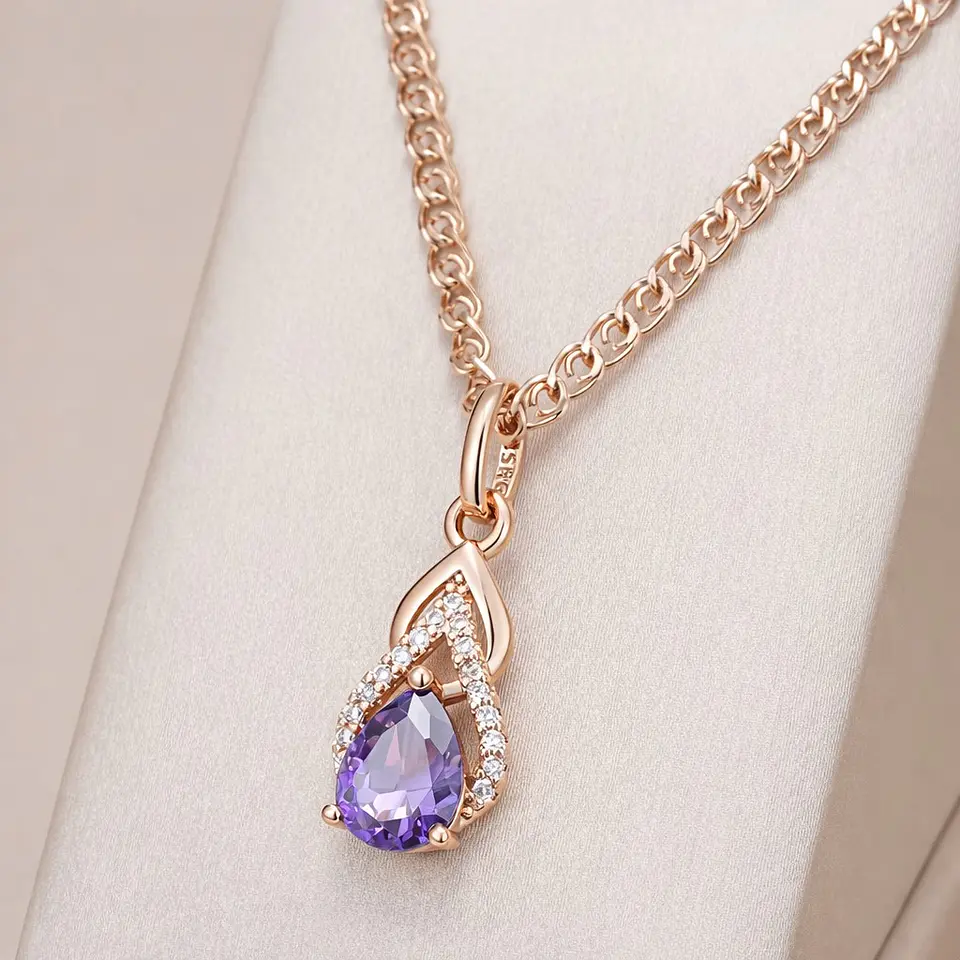Collar Gota Cristal Morado y Circones Dorado Rosa 7