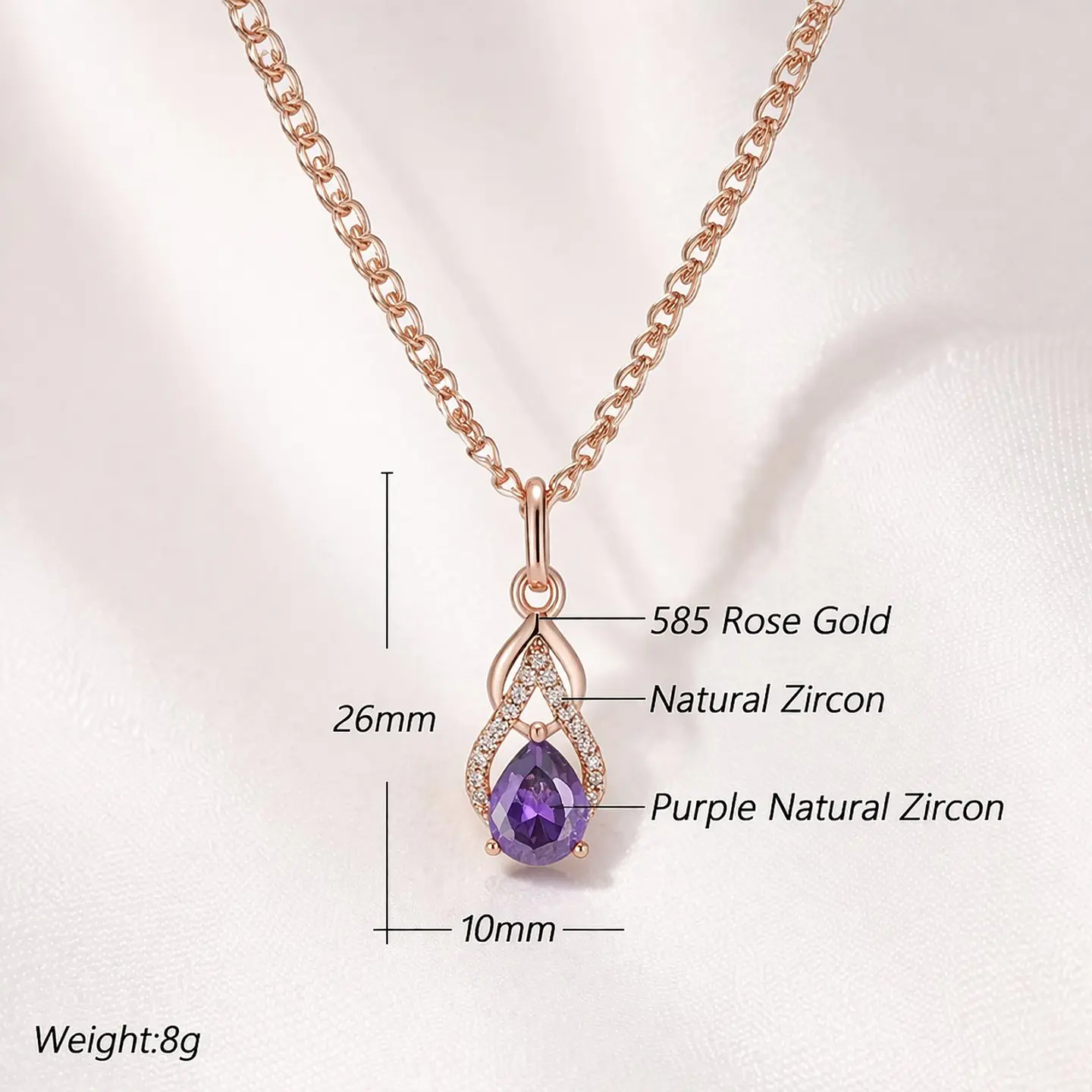 Collar Gota Cristal Morado y Circones Dorado Rosa 8