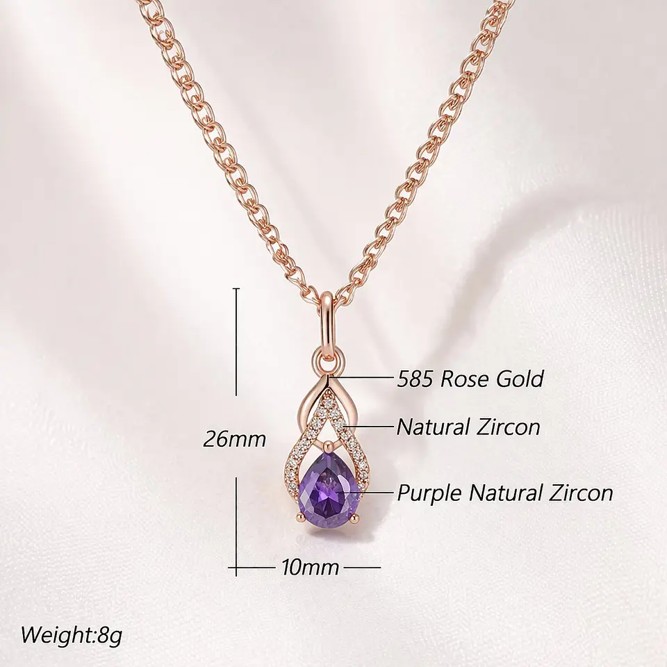 Collar Gota Cristal Morado y Circones Dorado Rosa 8