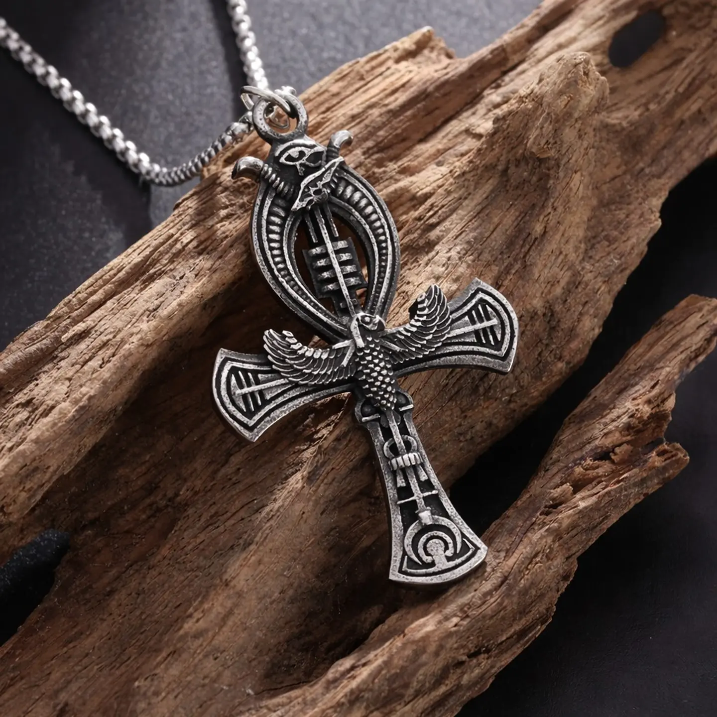 Collar Cruz Egipcia Ankh Ojo de Horus Cadena Acero 60cm 7
