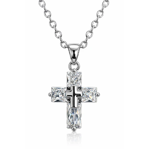 Collar Mini Cruz Cristal Blanco y Acero Plateada