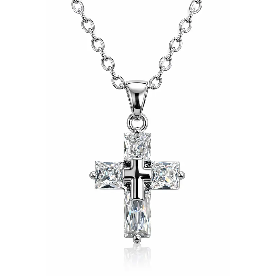 Collar Mini Cruz Cristal Blanco y Acero Plateada 1