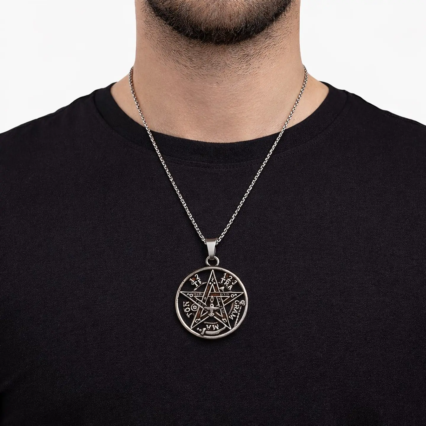 Collar Tetragrammaton Pentágono 35mm Cadena 60cm Acero 7