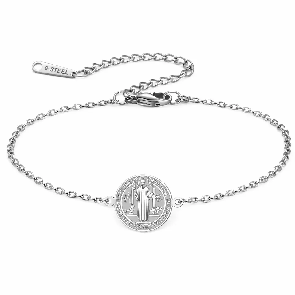 Pulsera Medalla San Benito Acero Plateada 1