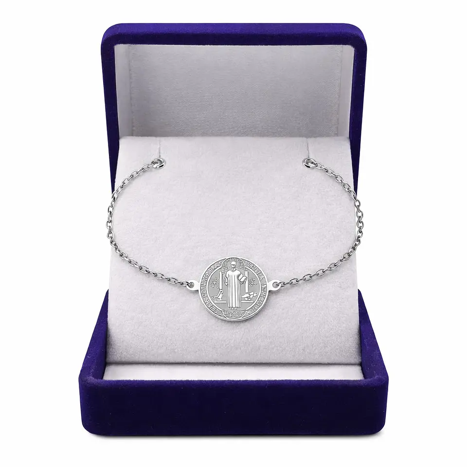 Pulsera Medalla San Benito Acero Plateada 2