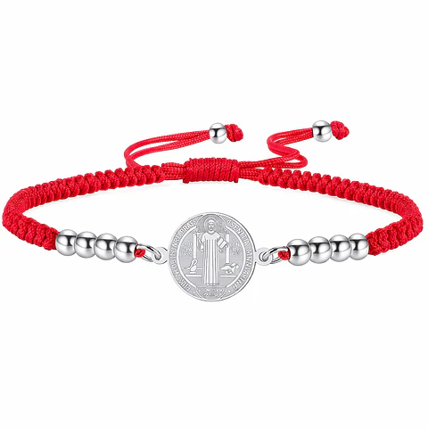 Pulsera Medalla San Benito Hilo Rojo y Acero Plateado