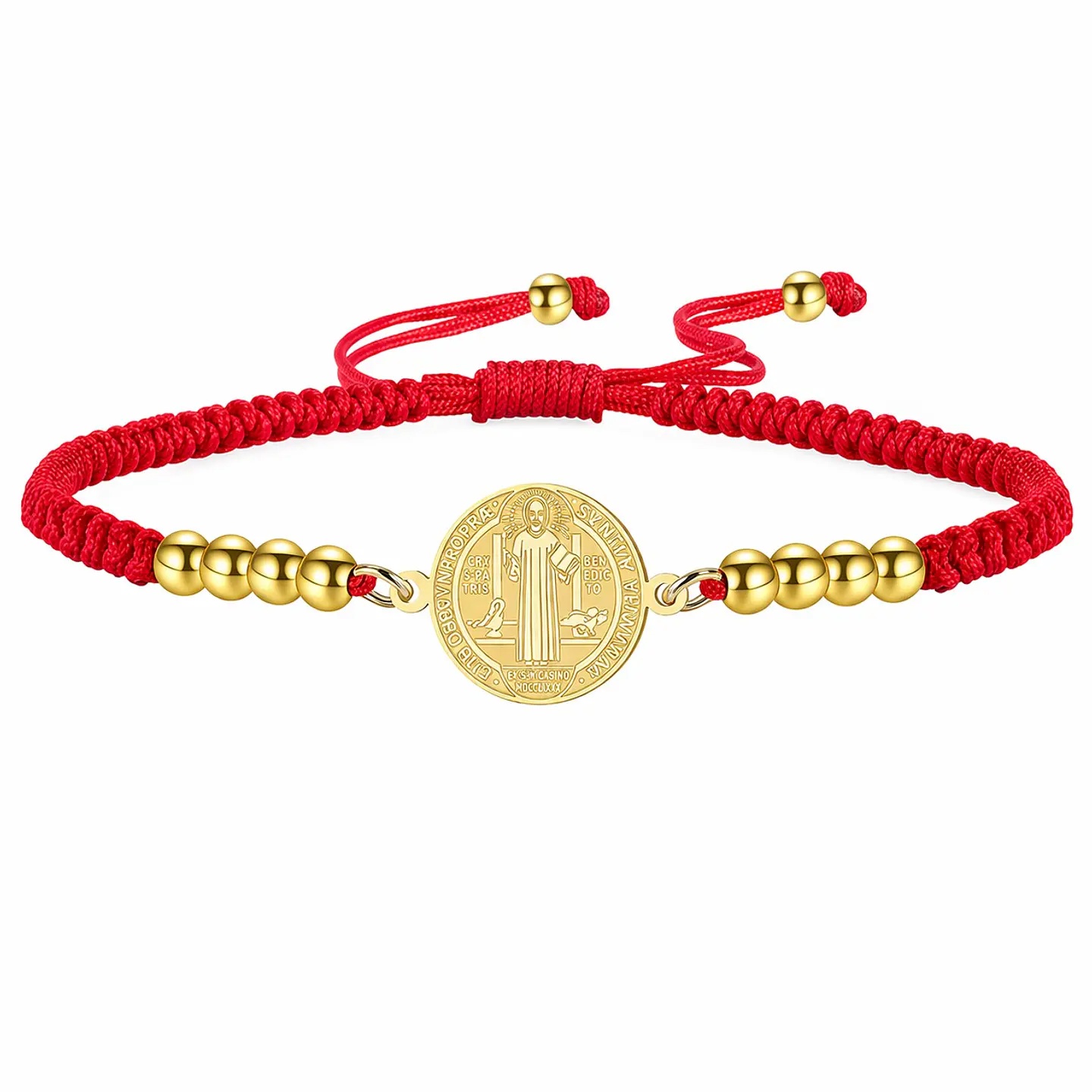 Pulsera Medalla San Benito Hilo Rojo y Acero Dorado 1