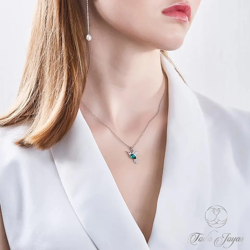 Collar Plata 925 Colibri Cristal Verde 3