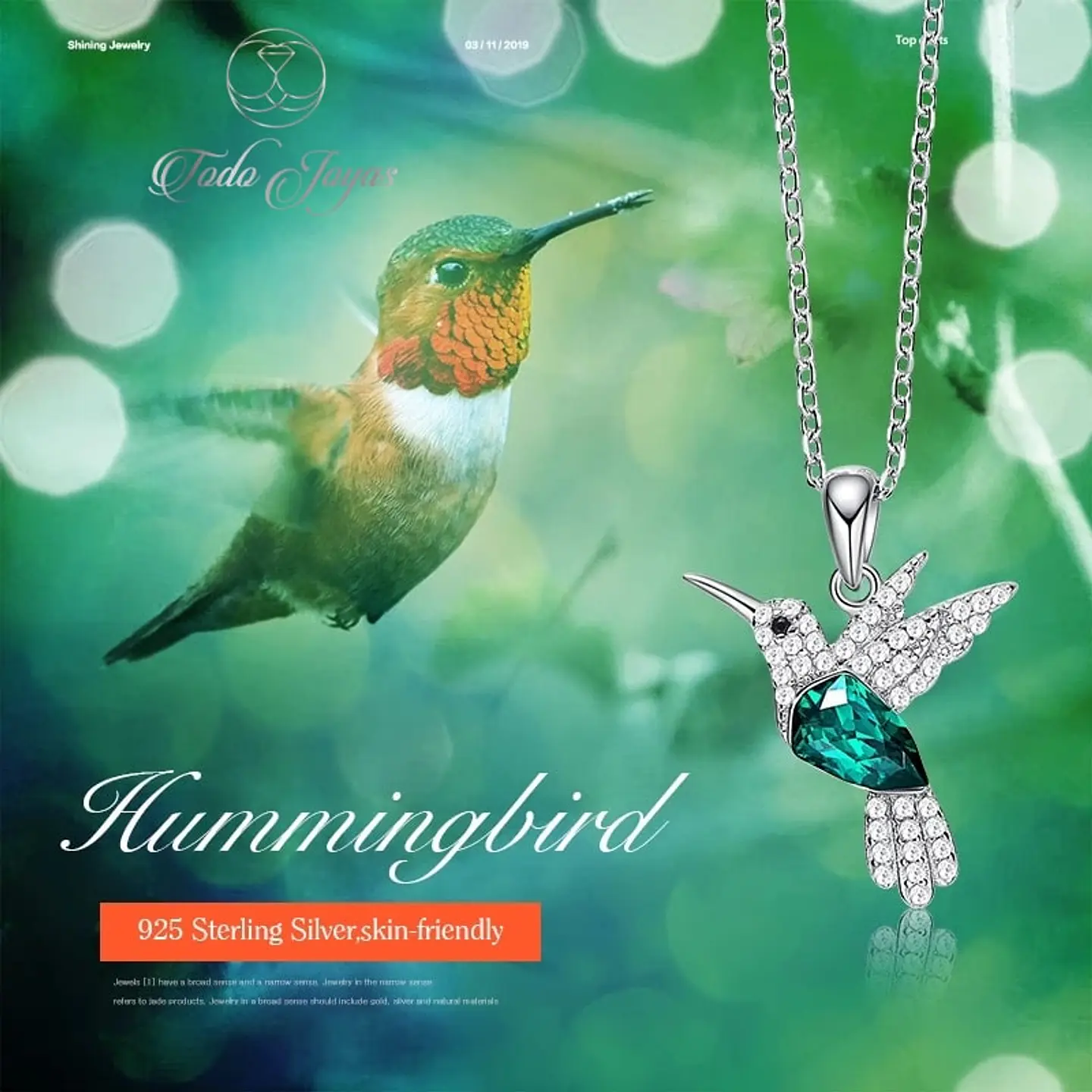 Collar Plata 925 Colibri Cristal Verde 5