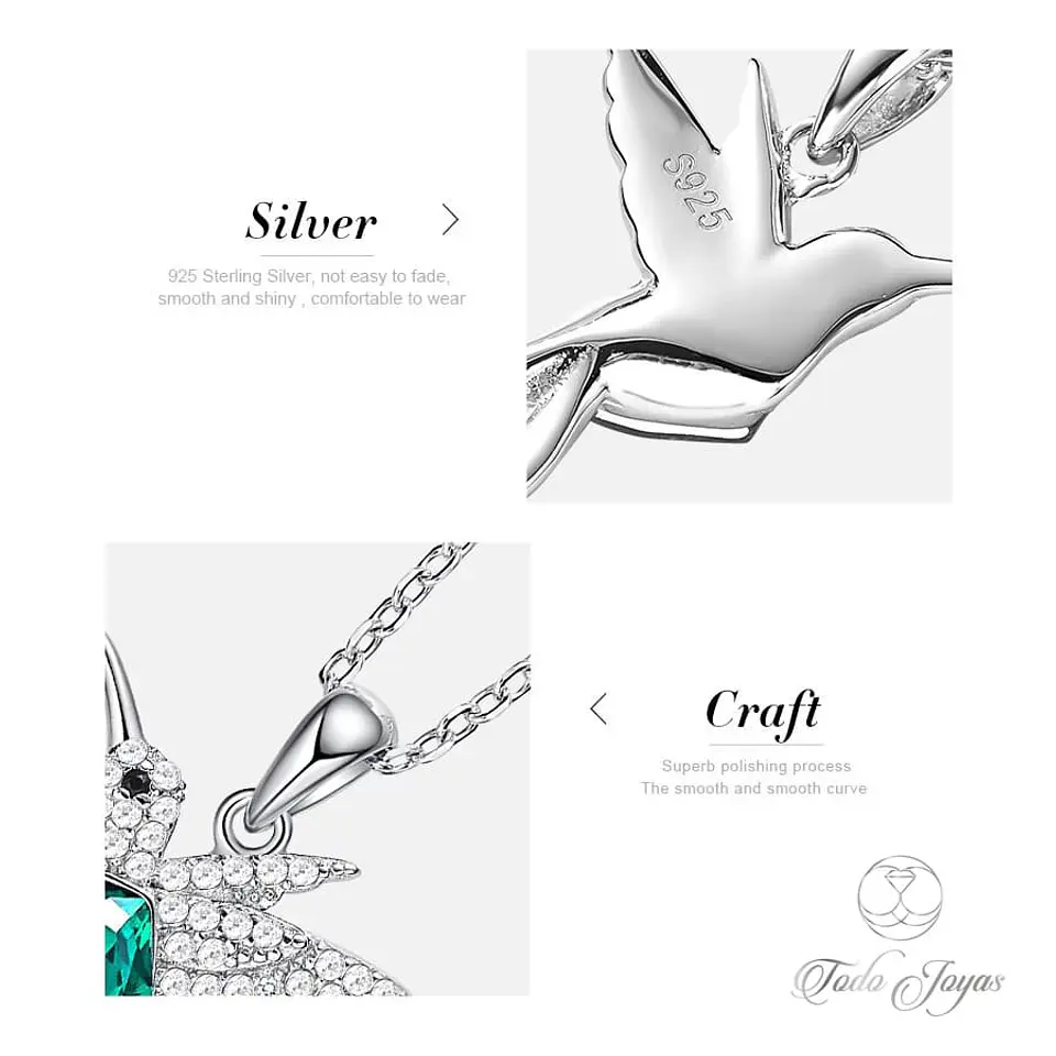Collar Plata 925 Colibri Cristal Verde 6