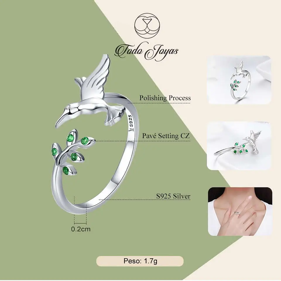 Anillo Plata 925 Colibri Picaflor Ave 4