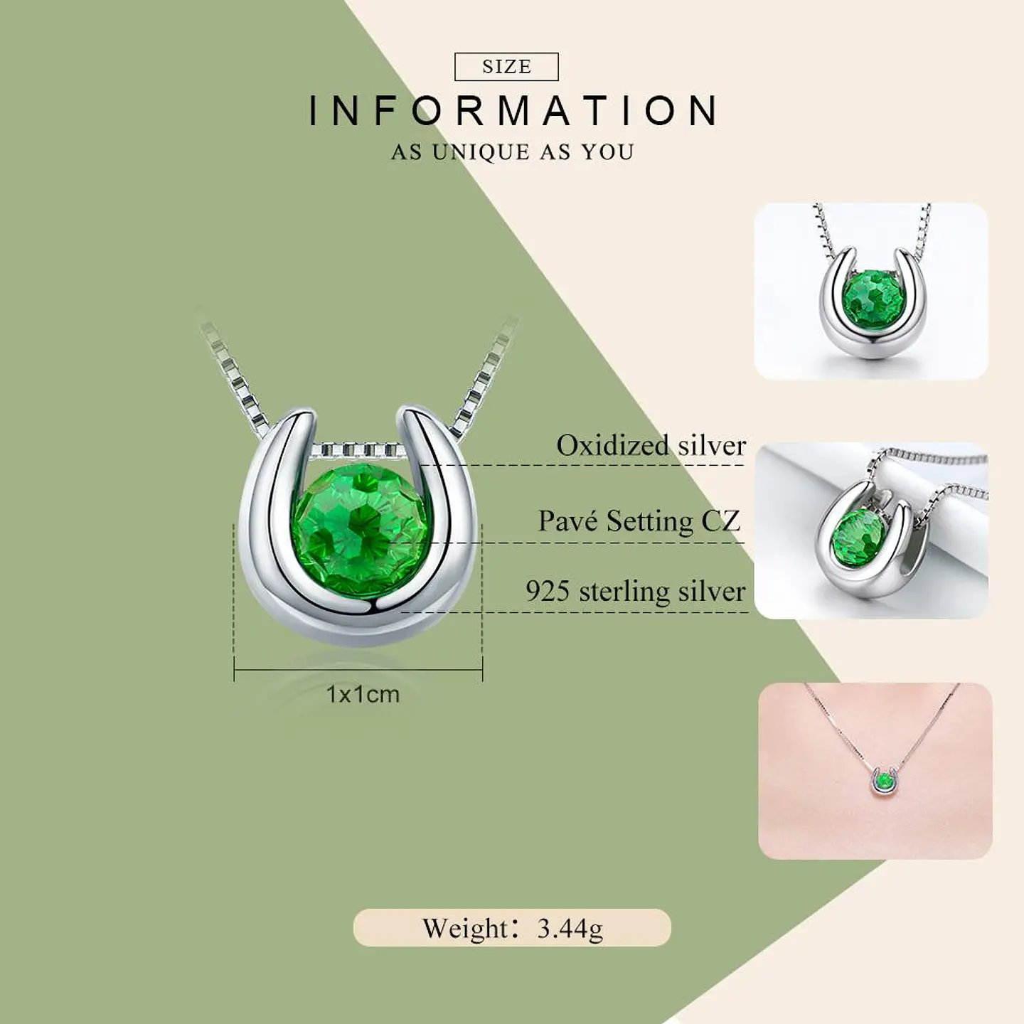 Collar Plata 925 Herradura con Circon Verde 3