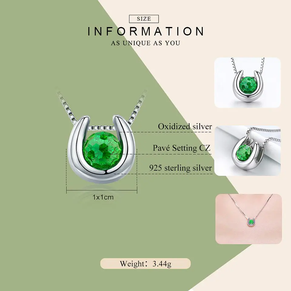 Collar Plata 925 Herradura con Circon Verde 3