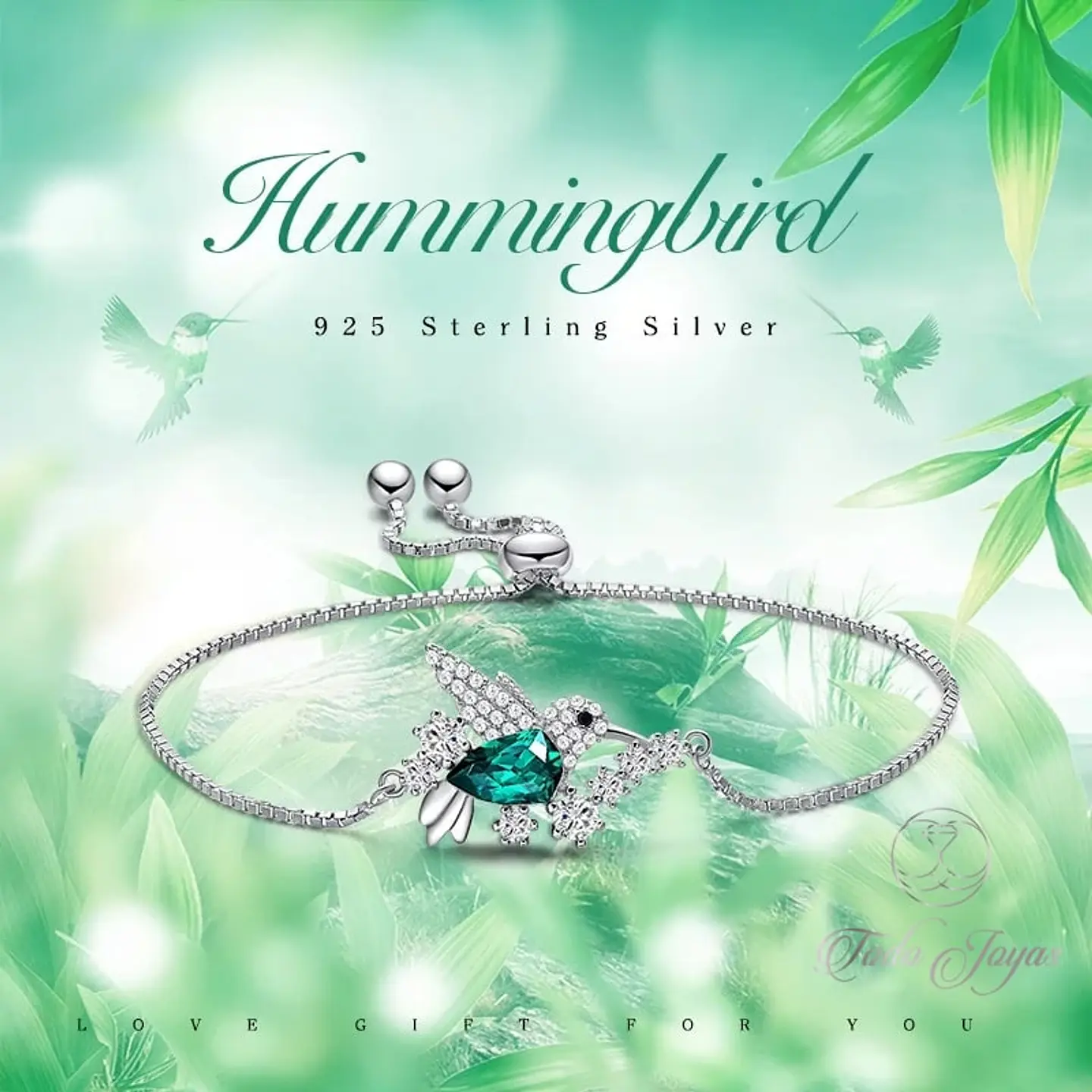 Pulsera Plata 925 Colibri Cristal Verde 5
