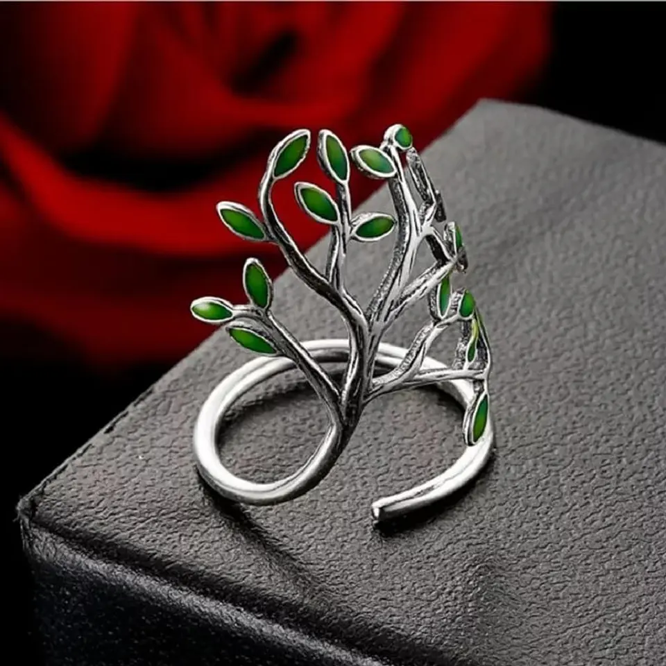 Anillo Arbol de Vida Verde Plateado 3