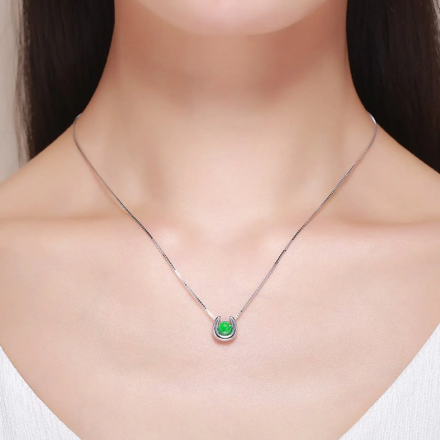 Collar Plata 925 Herradura con Circon Verde 5