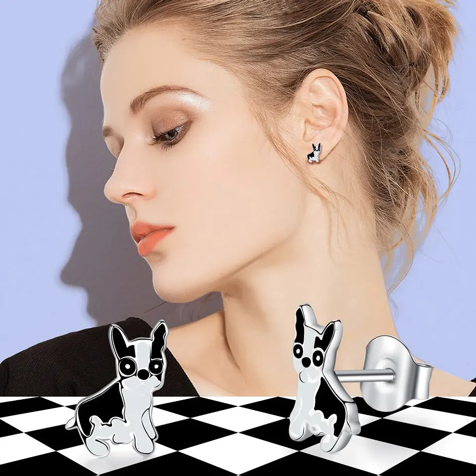Aros Plata 925 Perro Bulldog Frances 3
