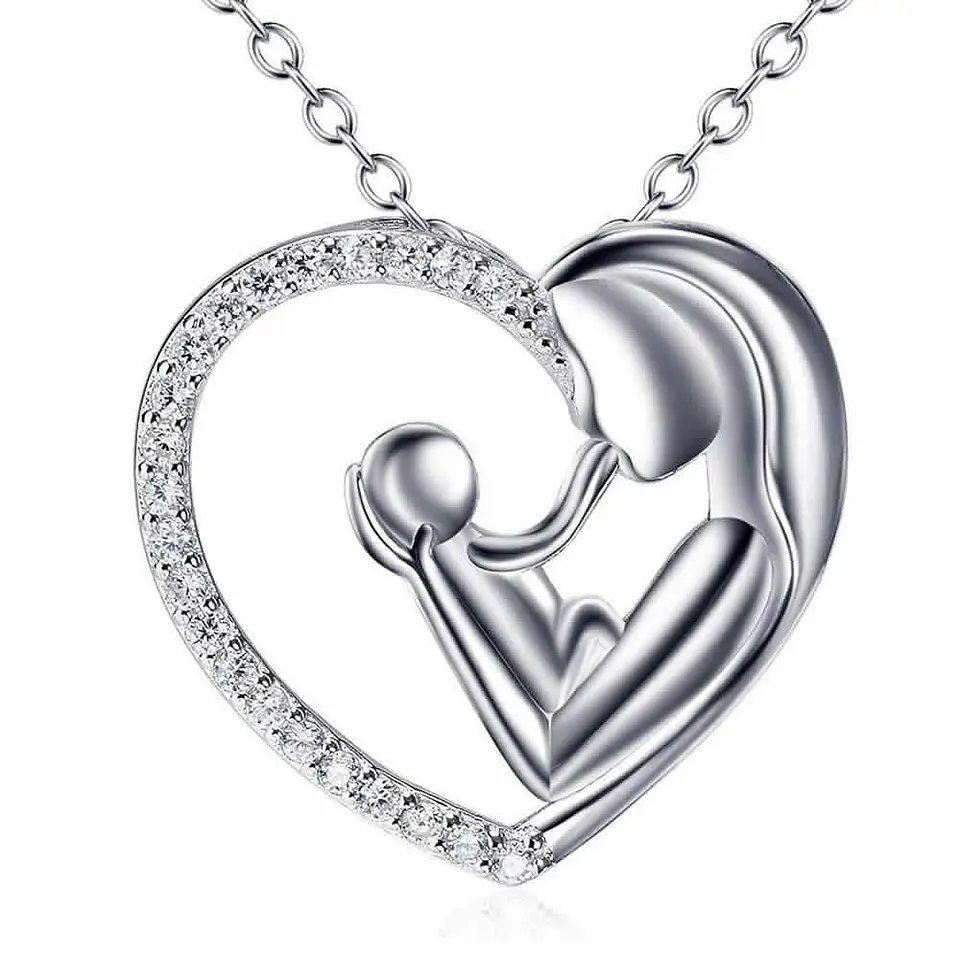 Collar Colgante Corazon Mama y Bebe Plateado 1