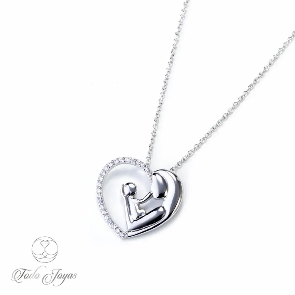 Collar Colgante Corazon Mama y Bebe Plateado 2