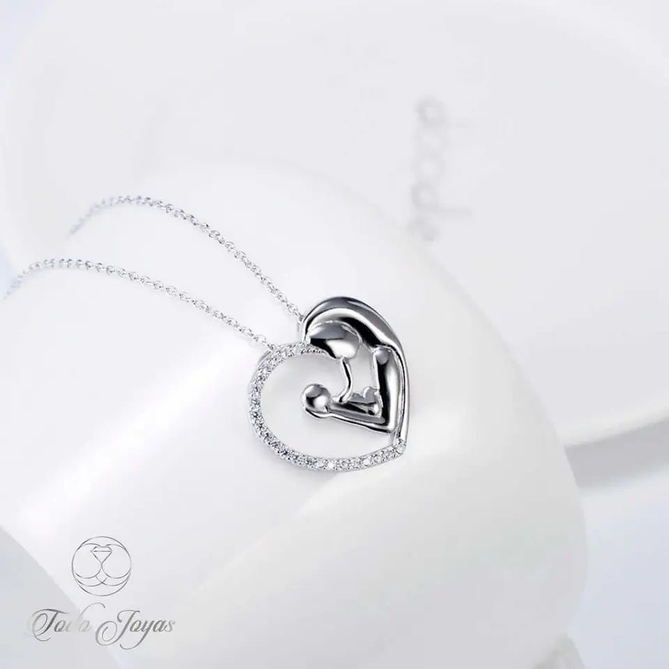 Collar Colgante Corazon Mama y Bebe Plateado 5