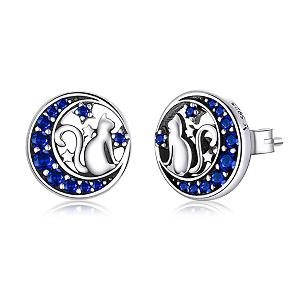 Aros Plata 925 Gato en Luna Azul 1