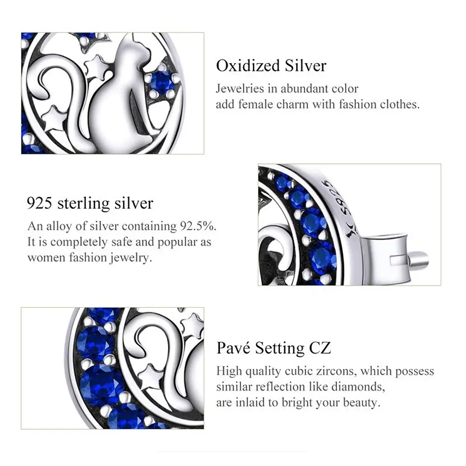 Aros Plata 925 Gato en Luna Azul 3
