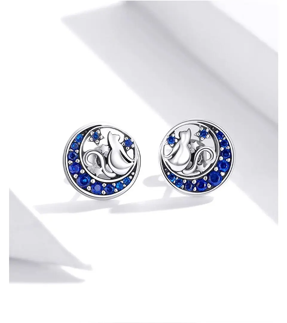 Aros Plata 925 Gato en Luna Azul 6