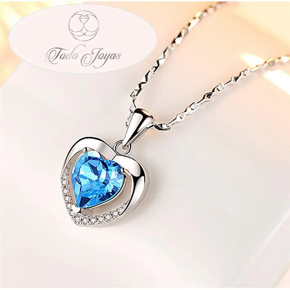 Collar Corazon Circon Azul Plateado 4