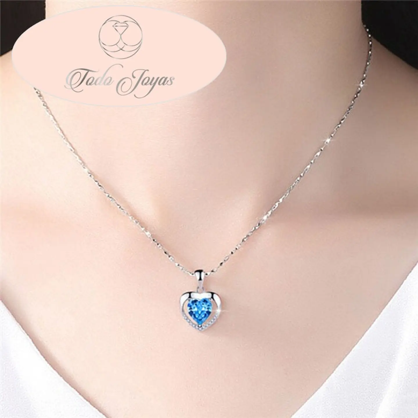Collar Corazon Circon Azul Plateado 5