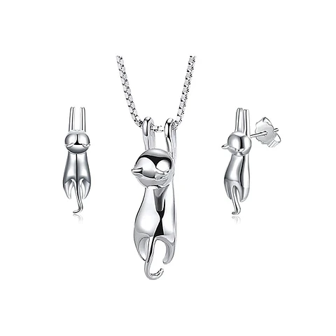 Conjunto Collar y Aros Gatitos Colgantes Plateado