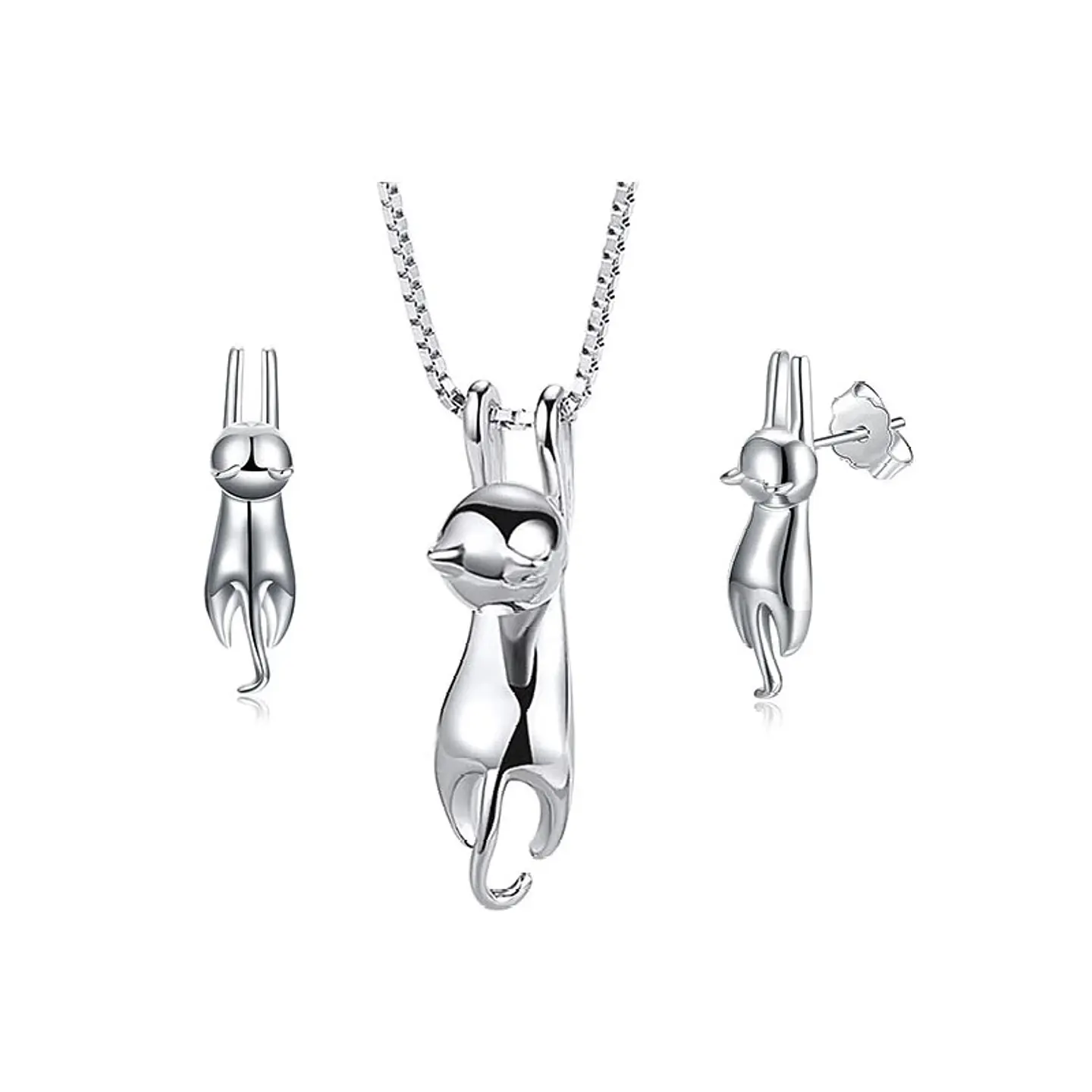 Conjunto Collar y Aros Gatitos Colgantes Plateado 1