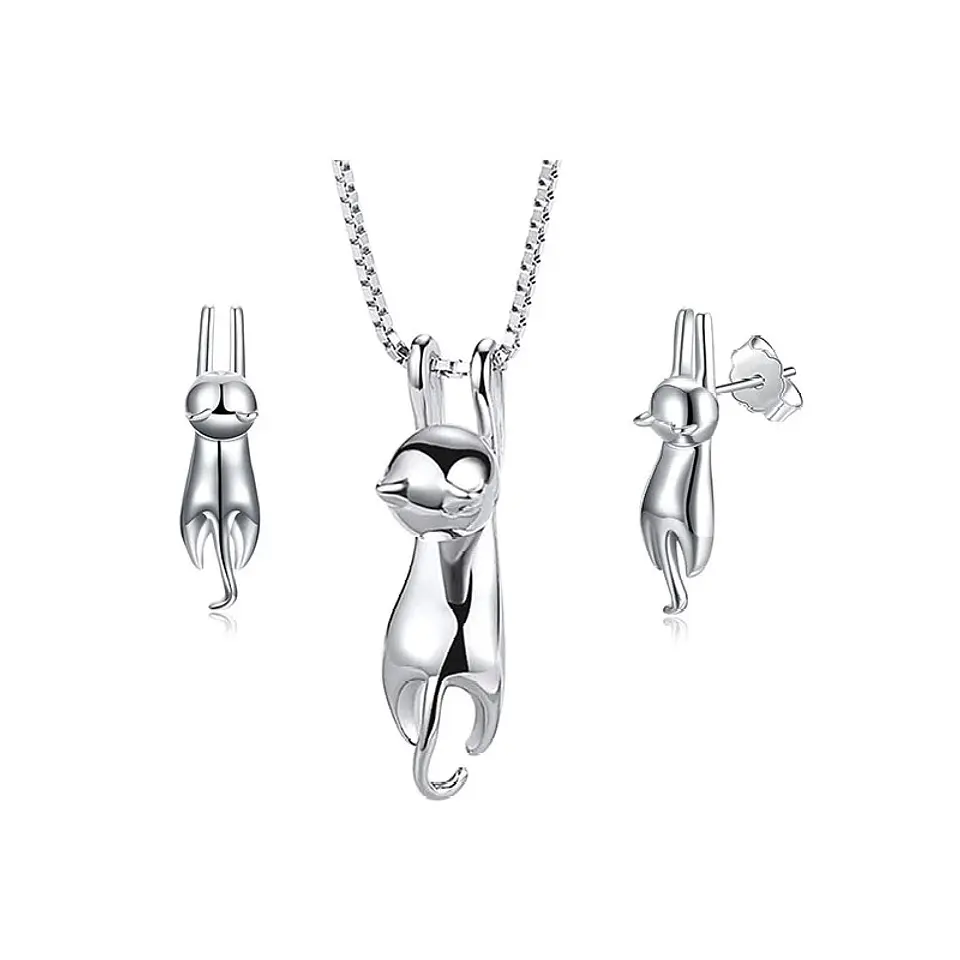 Conjunto Collar y Aros Gatitos Colgantes Plateado 1