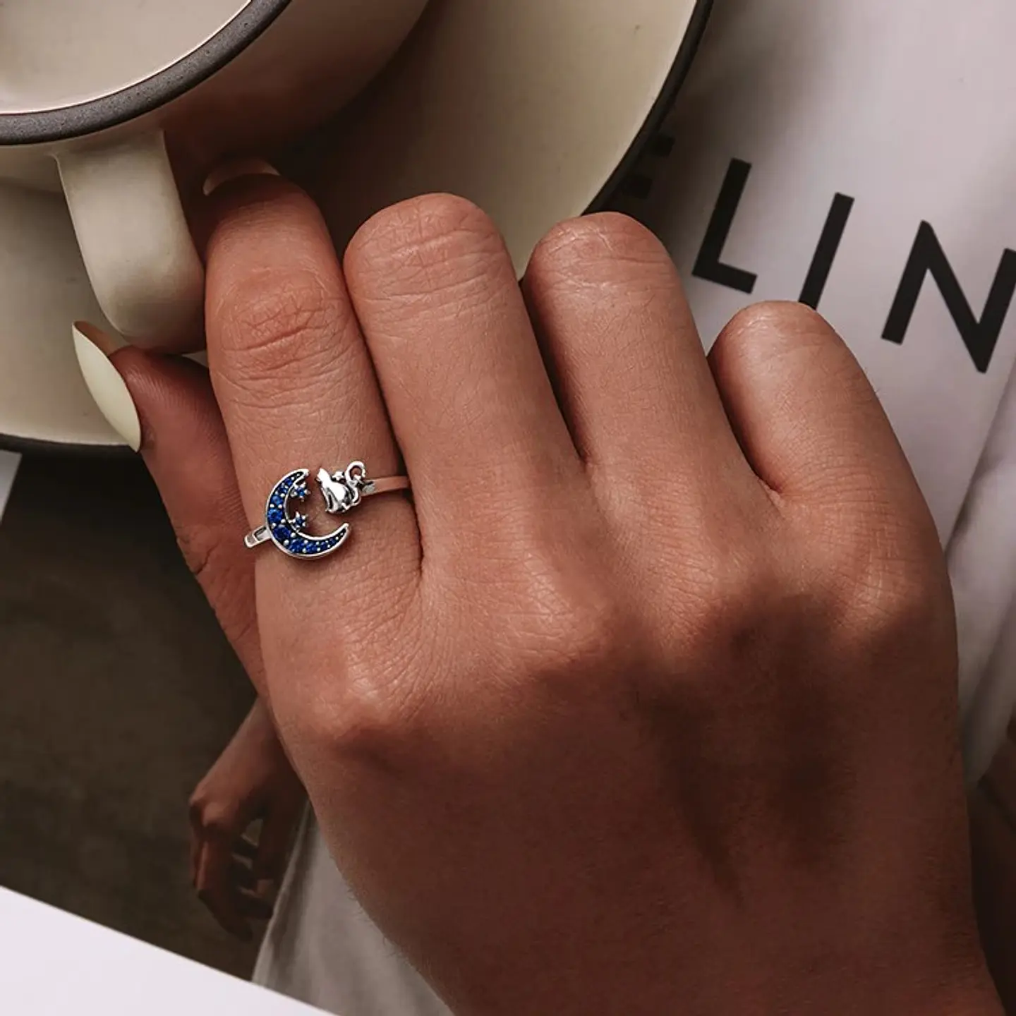 Anillo Plata 925 Gato en Luna Azul 3