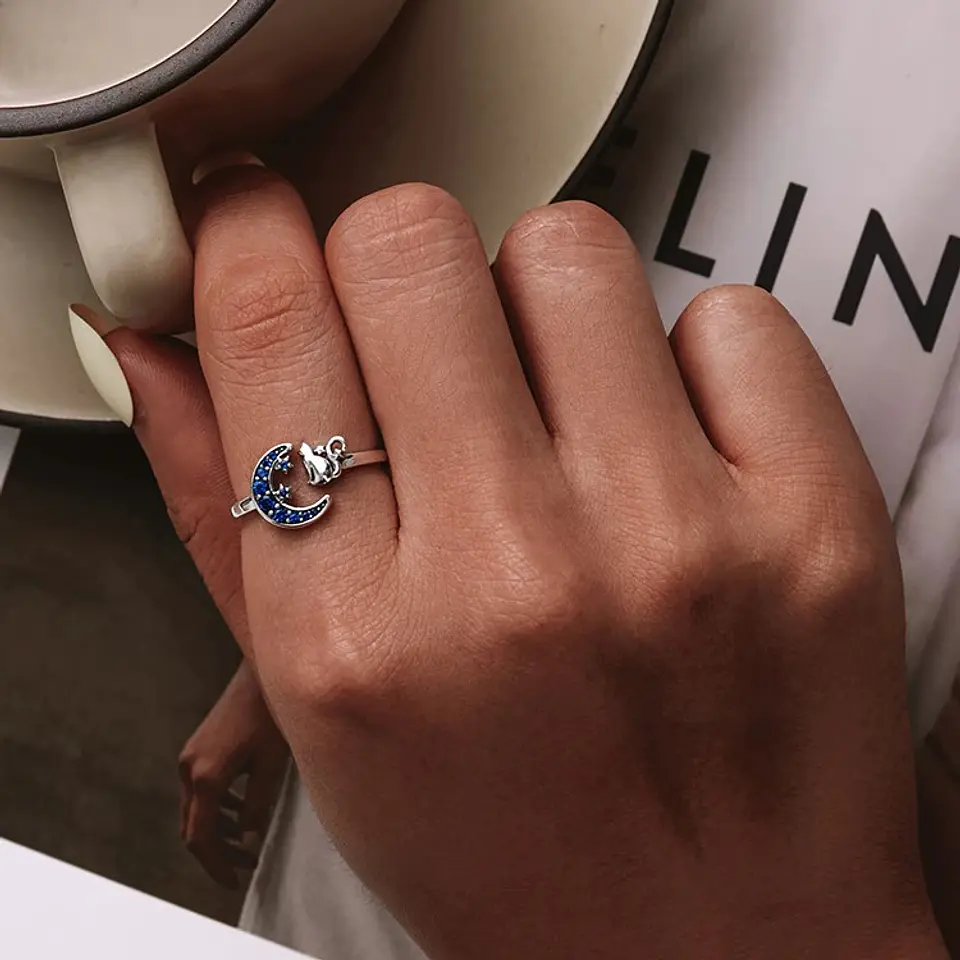 Anillo Plata 925 Gato en Luna Azul 3
