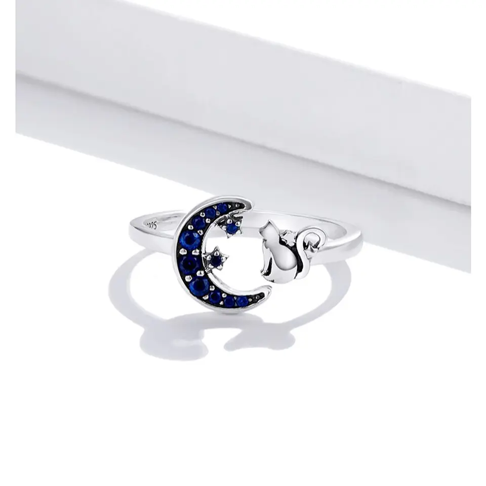 Anillo Plata 925 Gato en Luna Azul 6
