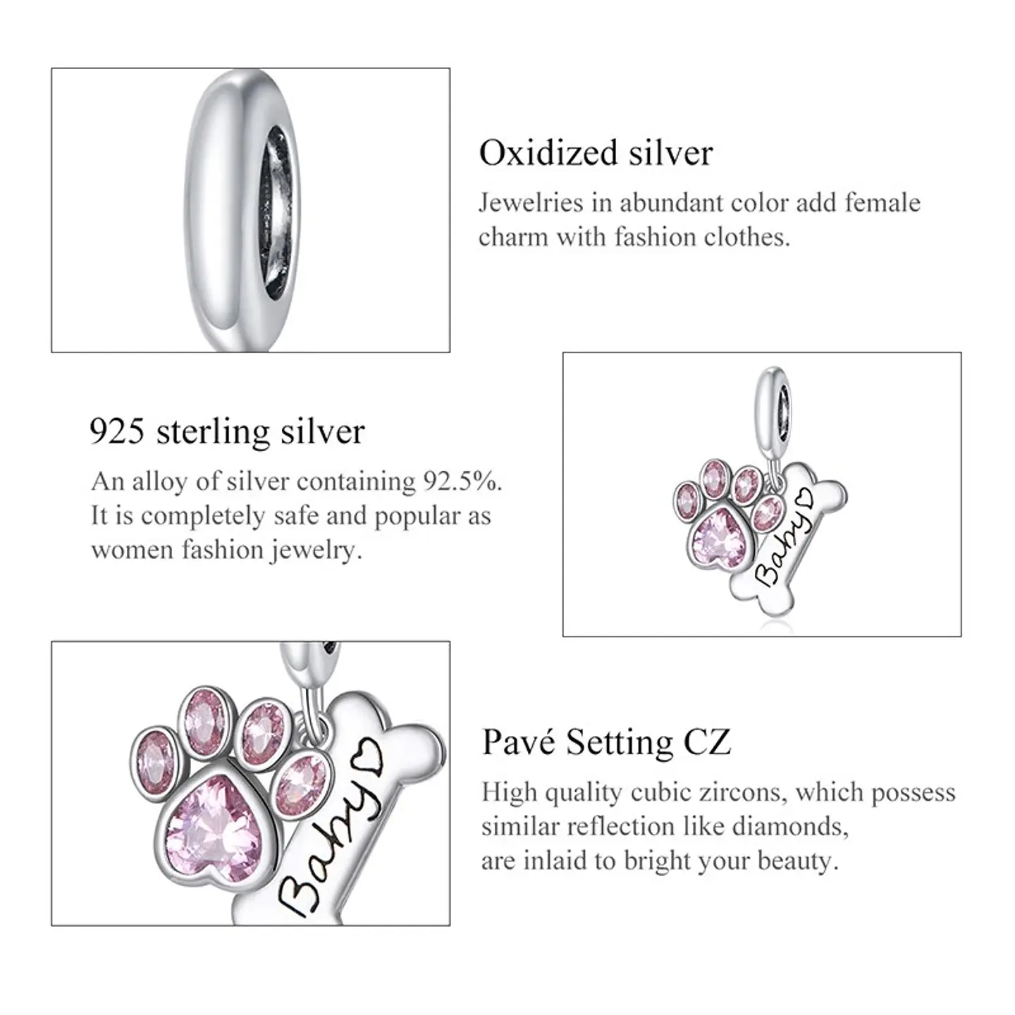 Charm Dije Plata 925 Hueso Patita Rosada 2