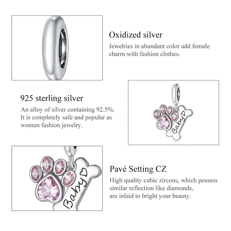 Charm Dije Plata 925 Hueso Patita Rosada 2