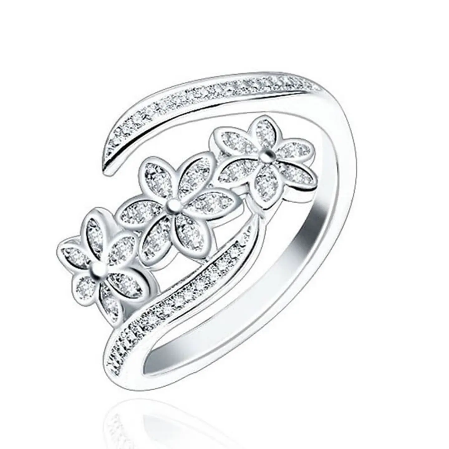 Anillo Tres Flores con Circones Plateado  1