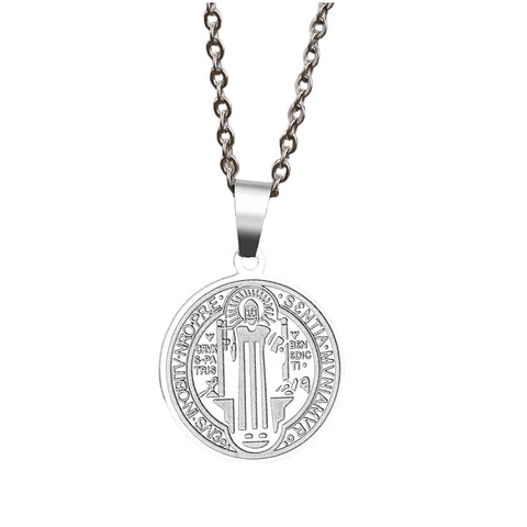 Collar Medalla San Benito Protector Acero Plateado