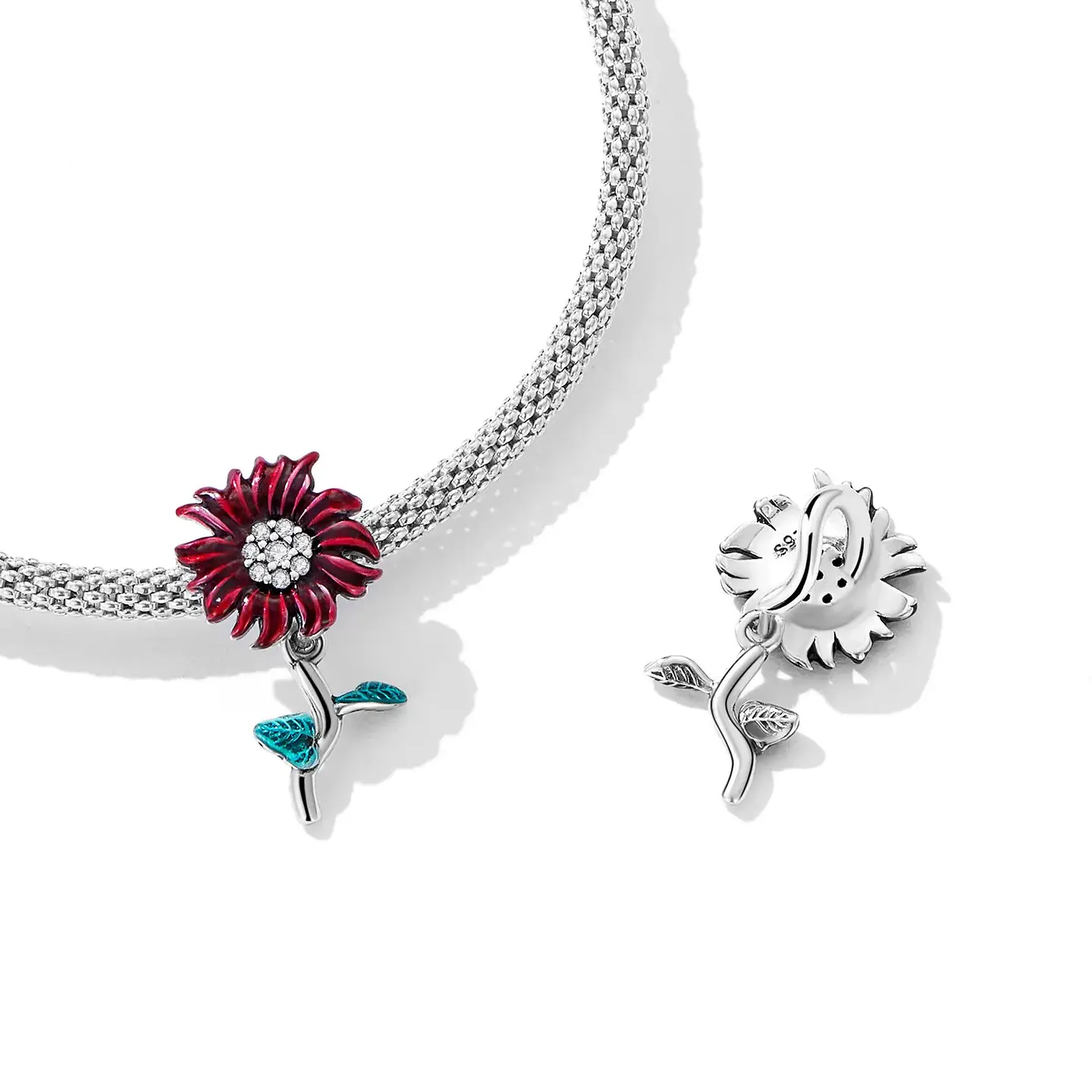 Charm Dije Plata 925 Flor Margarita Roja 3