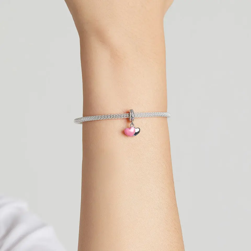 Charm Dije Plata 925 Doble Corazon Rosa Silver 2