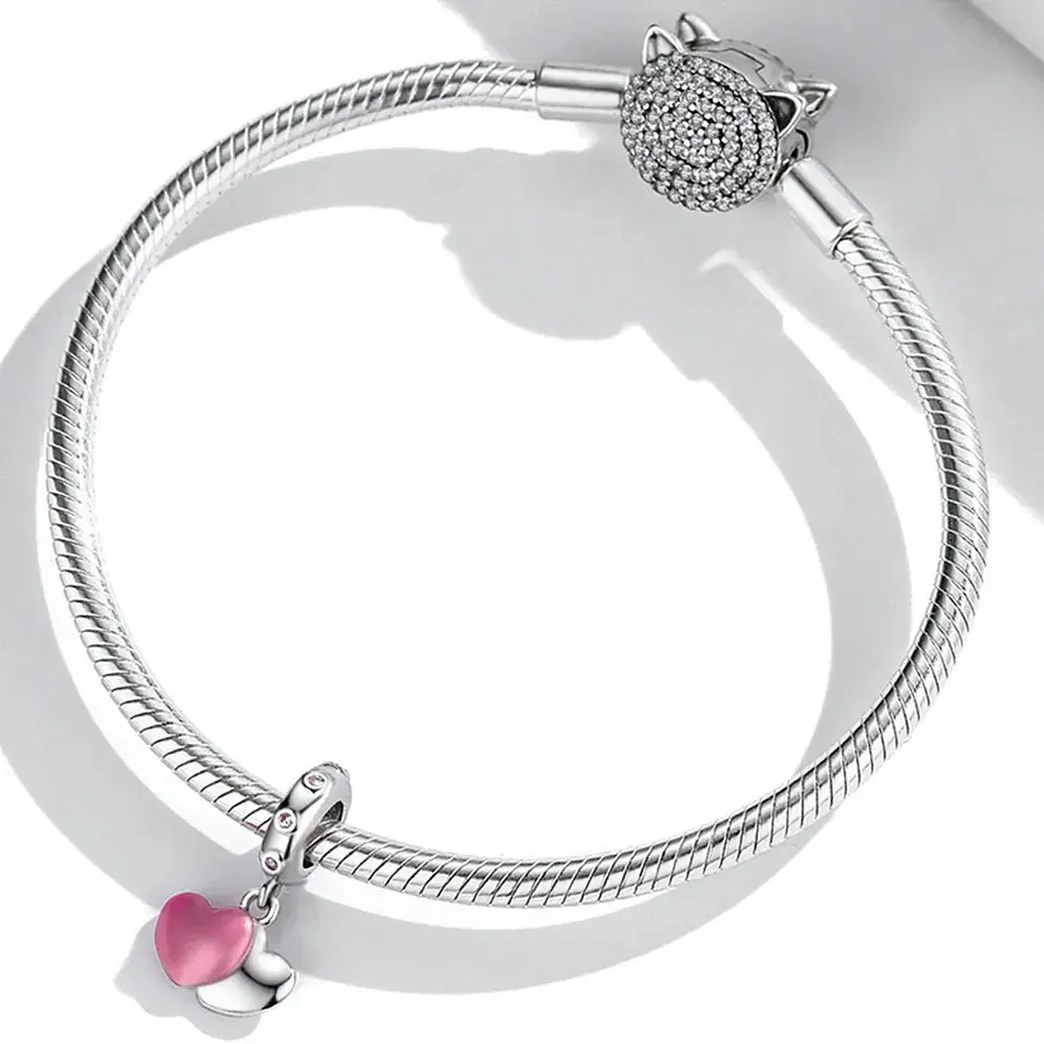 Charm Dije Plata 925 Doble Corazon Rosa Silver 3