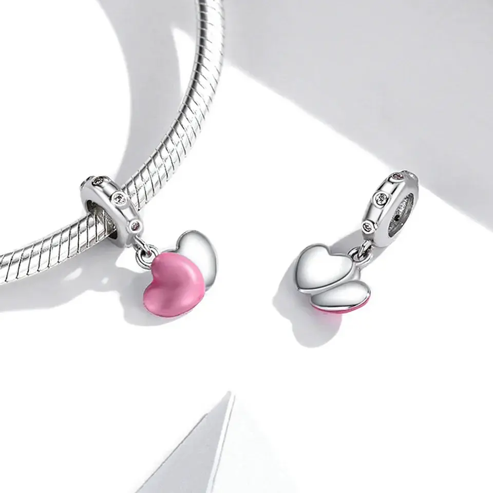 Charm Dije Plata 925 Doble Corazon Rosa Silver 4