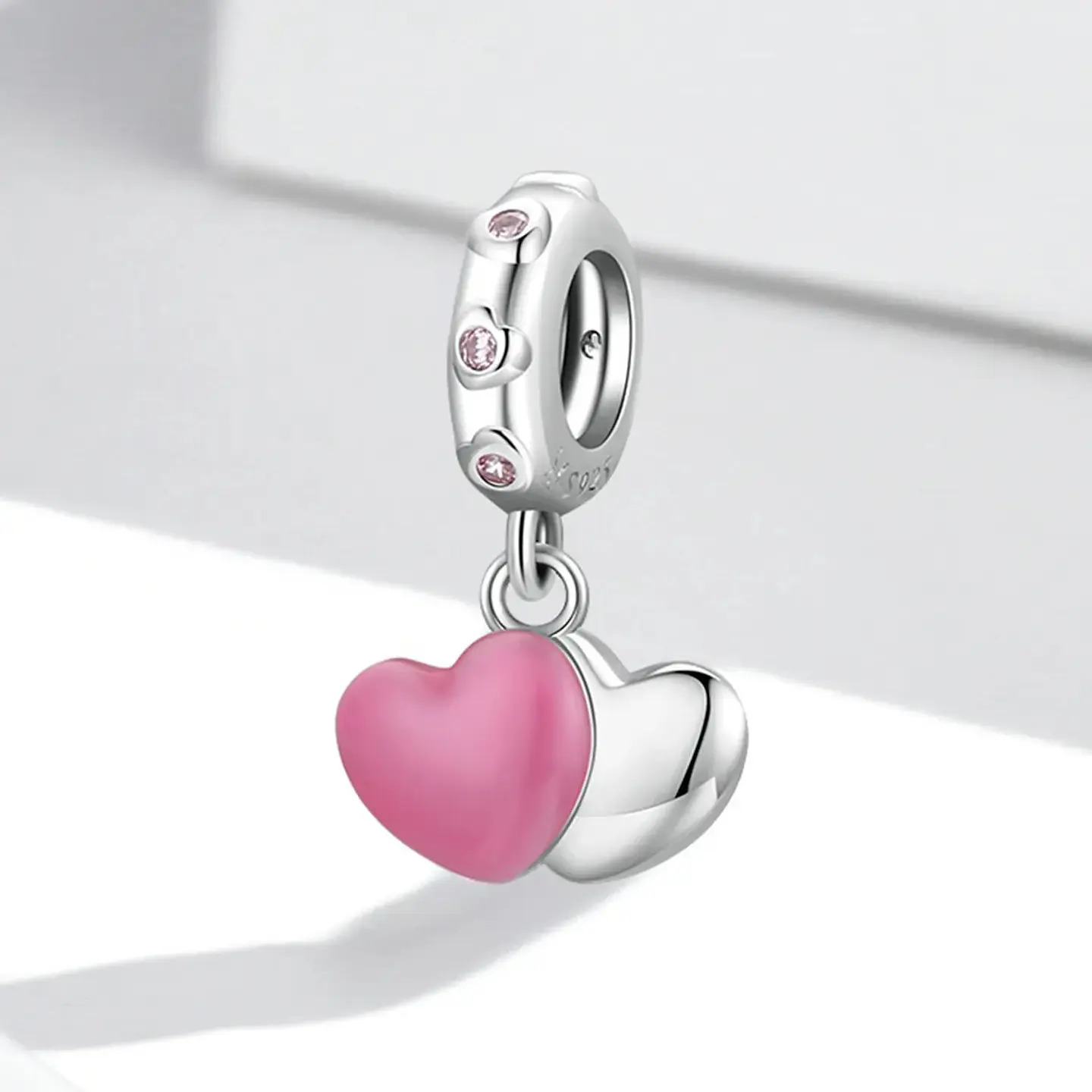 Charm Dije Plata 925 Doble Corazon Rosa Silver 5